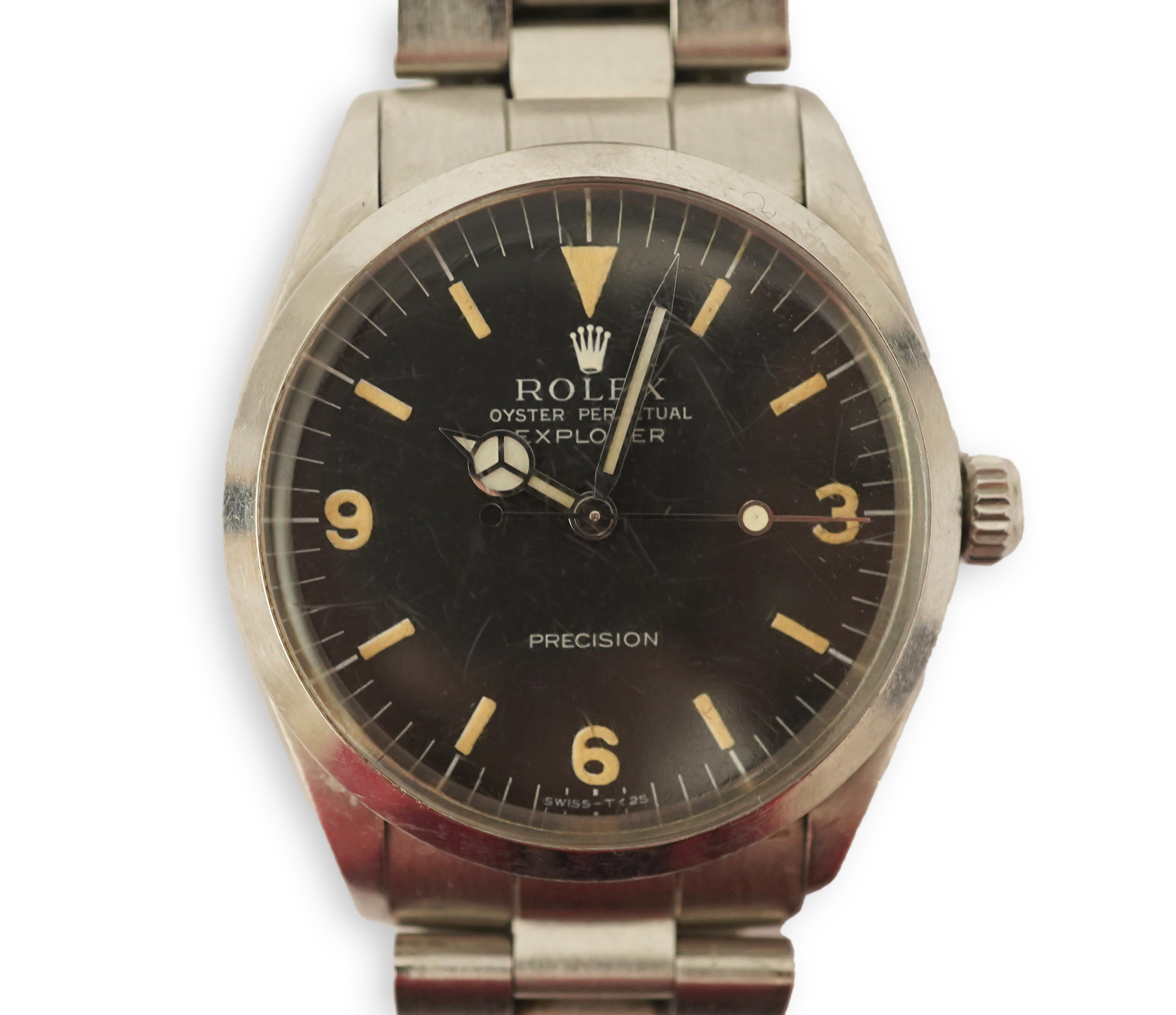 A gentleman's late 1960's Rolex Oyster Perpetual Explorer Precision wrist watch, on a stainless steel Rolex bracelet numbered 79350